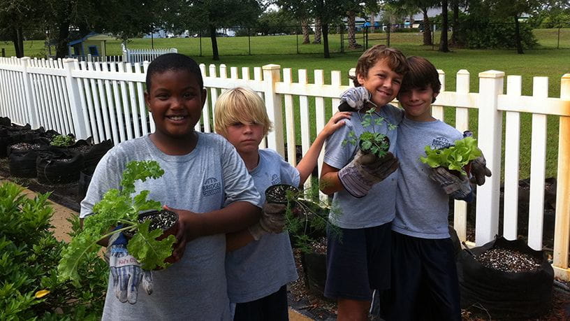 4 teenagers holding plants